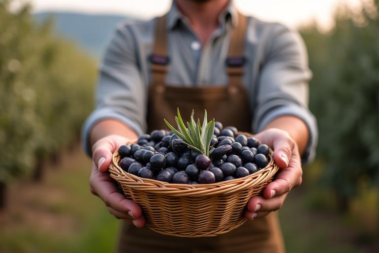 Un agricoltore toscano mostra un cesto di olive appena raccolte.
